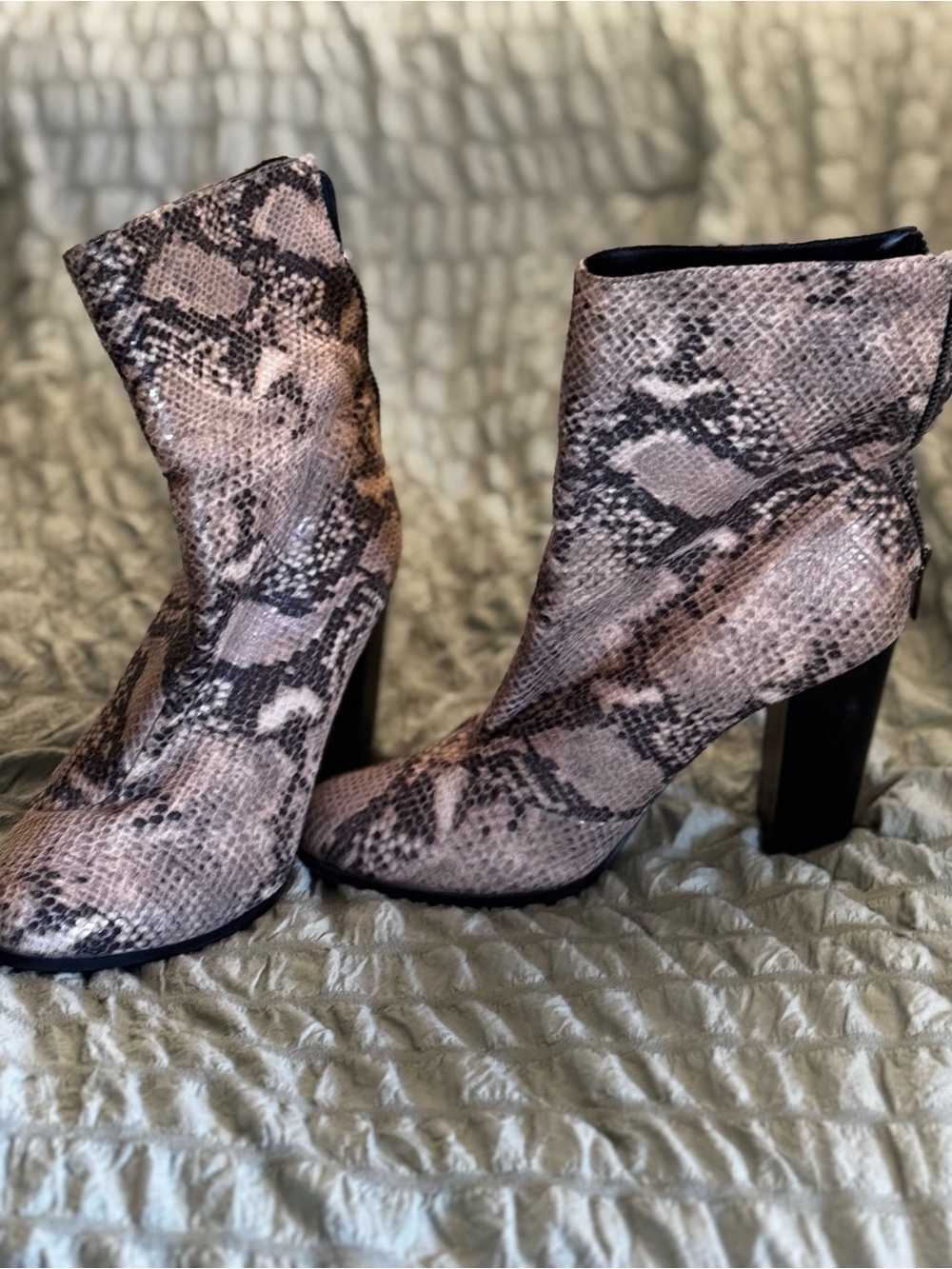 A+ Ellen Taupe Snake-Print Ankle Booties